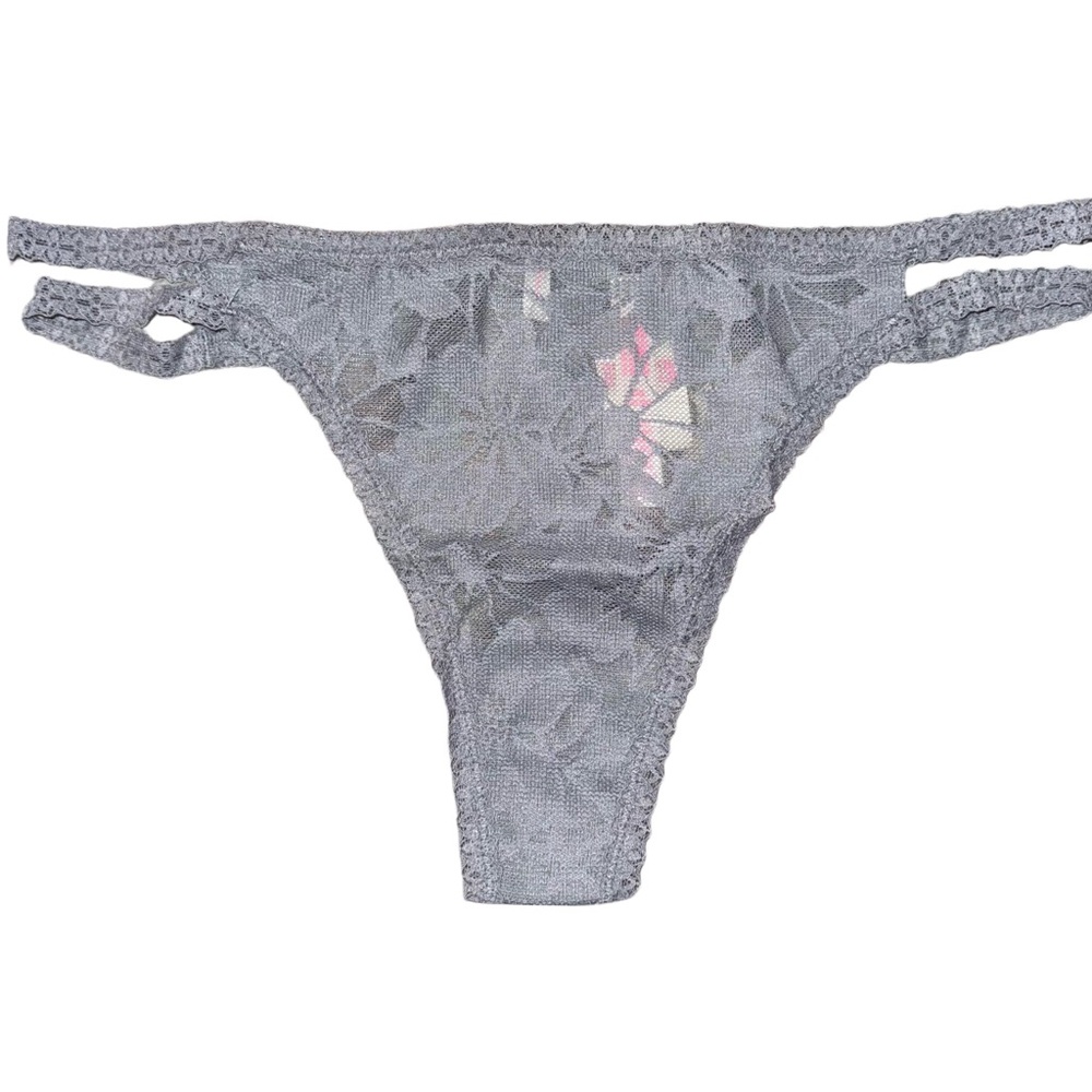 PINK‎ Victoria's Secret Floral Lace Gray Thong Panty Large 26131033
